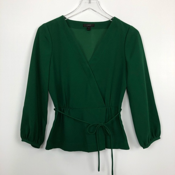 J. Crew Tops - J. Crew Green Crepe Top Faux Wrap Puff Sleeve 4P